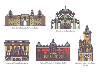 Serbian famous architecture landmarks in thin line