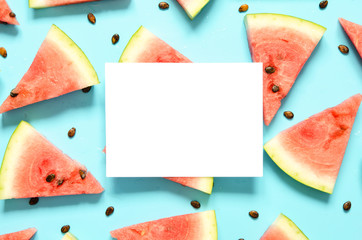 Fresh red watermelon slice Isolated light blue background.  Summer concept.Top view, Flat lay, Copy space. - Image