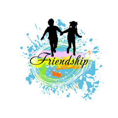 Running multicolored children hold hands. Happy Friendship Day. Vector illustration