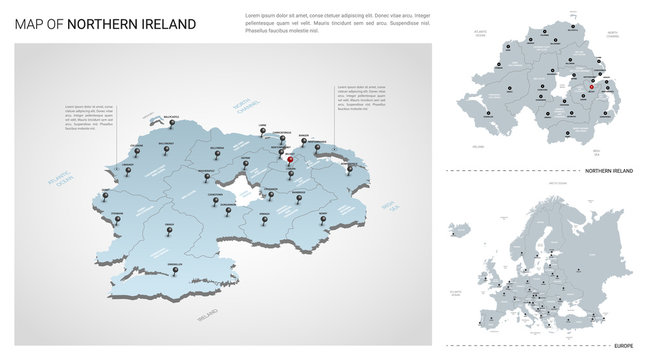 Vector set of Northern Ireland country.  Isometric 3d map, Northern Ireland map, Europe map - with region, state names and city names.
