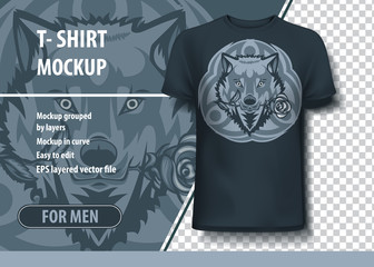 White wolf with a rose in mouth and with Tribal sign behind. T-Shirt template.