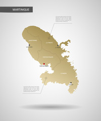 Stylized vector Martinique map.  Infographic 3d gold map illustration with cities, borders, capital, administrative divisions and pointer marks, shadow; gradient background. 