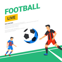 Football web banner. Live stream match. Football players with ball in the background of stadium. Full color vector illustration in flat style