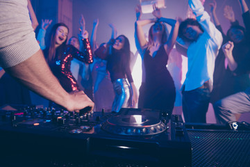 Portrait of wild carefree students buddies moving having event listen deejay use edm turntable discotheque