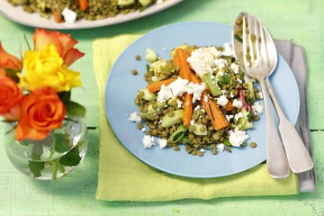green lentils, avocado, feta and fried carrot salad