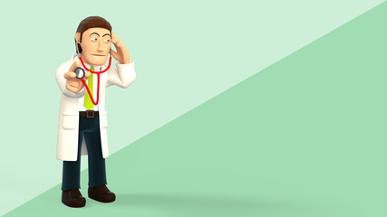 Cartoon 3d doctor listening with a stethoscope on a green diagonal splitted background 3d rendering