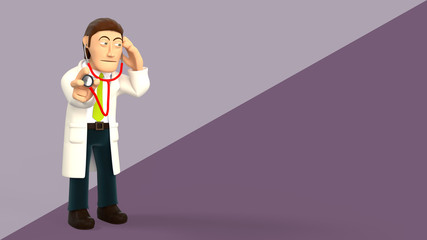 Cartoon 3d doctor listening with a stethoscope on a purple diagonal splitted background 3d rendering