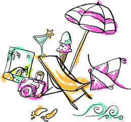 Collection of summer travel doodles with ink contour. Vector stock set. Cute vacation icons. Can be used for printed materials. Travel holiday background. Hand drawn design elements. Festive card.