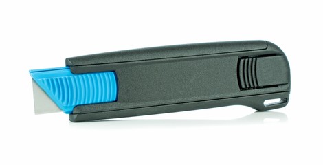 A retractable pocket sized box cutter knife in the open position on a white background
