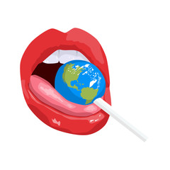 sexy lips with candy-earth. open mouth with tongue. learn foreign languages. Attractive female mouth. print for T-shirt or tattoo. isolated on white background