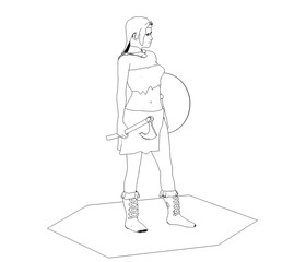 warrior woman character, contour visualization, 3D illustration, sketch, outline