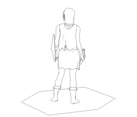 warrior woman character, contour visualization, 3D illustration, sketch, outline