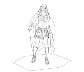 warrior woman character, contour visualization, 3D illustration, sketch, outline