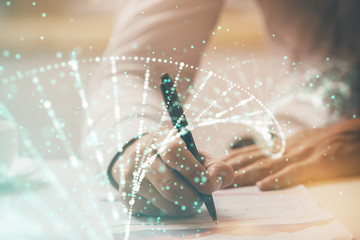 Man's hands working with notes background. Genetic engineering and gene manipulation concept.