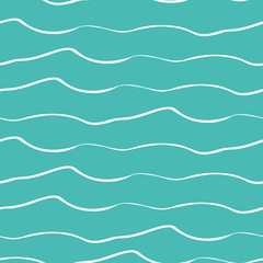 Abstract hand drawn doodle sea waves. Seamless geometric vector pattern on ocean blue background. Great for marine themed products, spa, wellness, beauty, sport, stationery, giftwrap