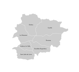 Vector isolated illustration of simplified administrative map of Andorra. Borders and names of the parishes (regions). Grey silhouettes. White outline