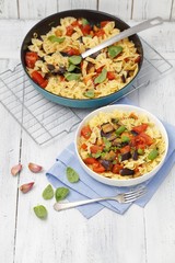 farfalle with eggpland, tomatoes and chili