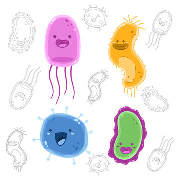 Cute virus, bacteria vector cartoon character set isolated on white background.
