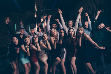 PFull length body size view photo of attractive lady guy make phot lips pouted plump carefree careless gesture hi hello v-signs peace victory formalwear formal wear dress suit indoors