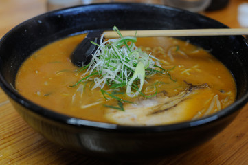 Traditional delicious ramen soup in a bowl in Japan