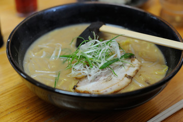 Traditional delicious ramen soup in a bowl in Japan
