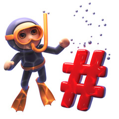 Cartoon 3d scuba snorkel dover looking at an email address symbol underwater, 3d illustration