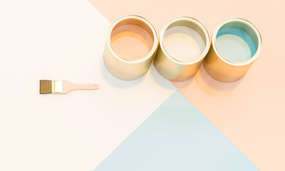 3d render image of paint cans and brushes with background in various colors.
