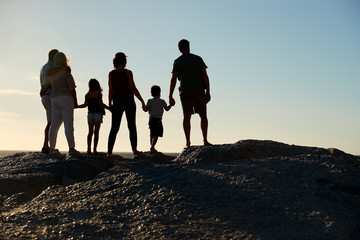 Three generation family on a beach holding hands, admiring view, full length, silhouette, back view