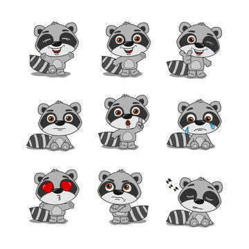 Set of cute little raccoon in cartoon style in different poses and emotions isolated on white background