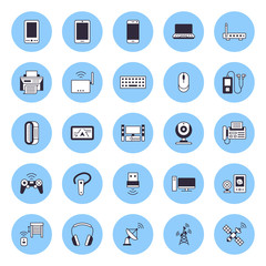 Wireless devices flat line icons. Wifi internet connection technology signs. Router, computer, smartphone, tablet, laptop, printer, satellite. Vector linear illustration for electronic store