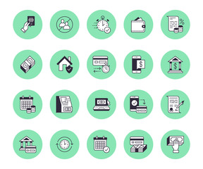 Finance, money loan flat line icons set. Quick credit approval, currency transaction, no commission, cash deposit atm vector illustrations. Thin signs for banking