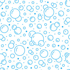 Bubbles vector seamless pattern with flat line icons. Blue white color soap texture. Fizzy water background, abstract effervescent effect wallpaper