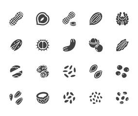 Nuts flat glyph icons set. Peanut, almond, chestnut, macadamia, cashew, pistachio, pine seeds vector illustrations. Signs for healthy food store. Silhouette pictogram pixel perfect 64x64