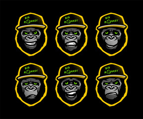Angry gorilla head in the baseball cap on a dark background. Vector illustration.