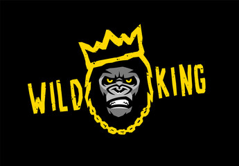 Angry gorilla with a crown. Wild king on a dark background. Vector illustration.