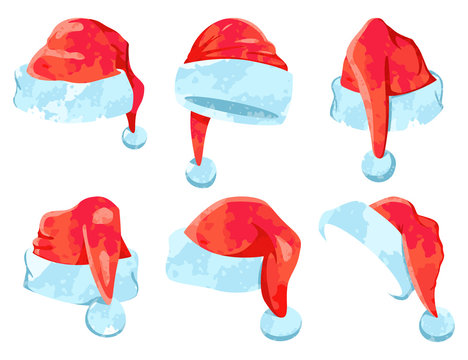 Santa Claus watercolor hat vector cartoon Christmas icons set isolated on a white background.