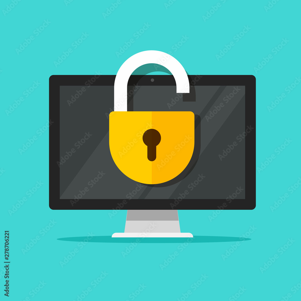 Poster computer lock open on display vector illustration, flat cartoon pc screen with open padlock icon, au