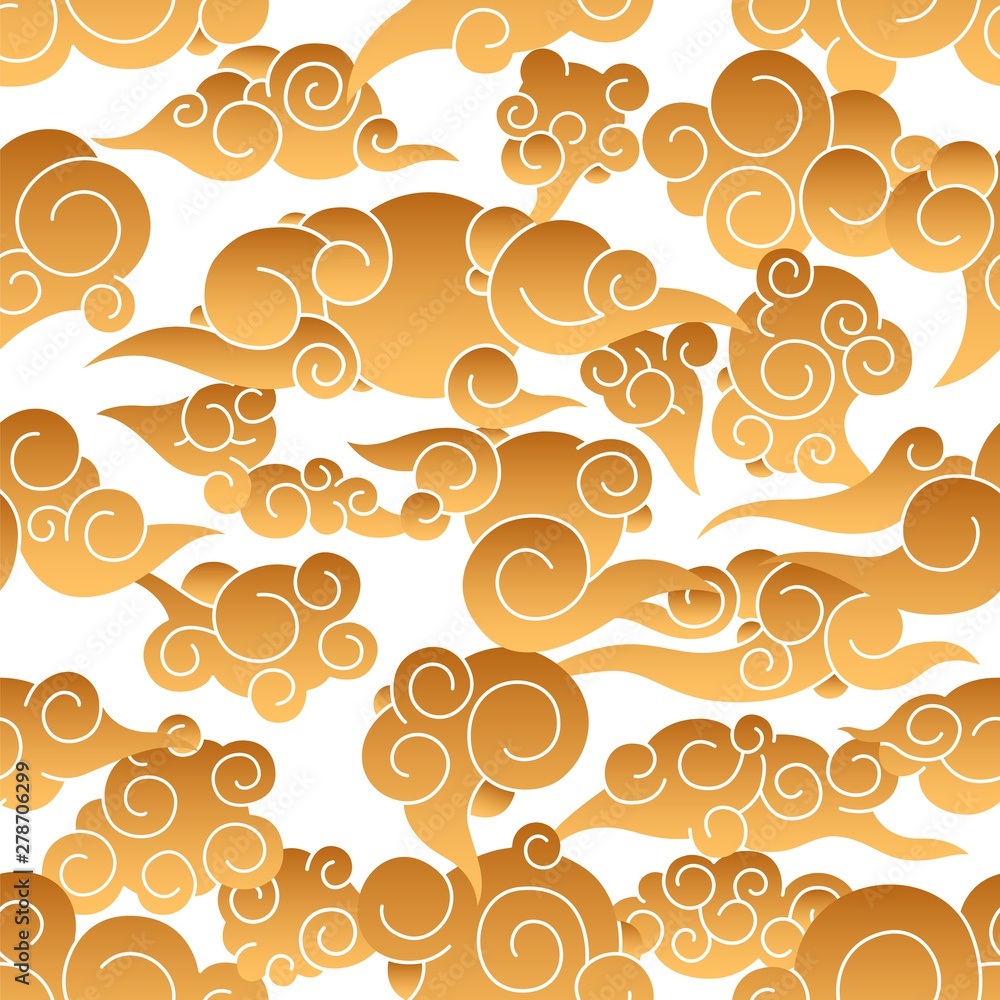 Poster seamless pattern with golden sun and clouds in traditional japanese style on white background. orien