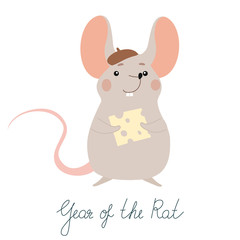 Funny postcard for New 2020 Year  with cute rat and cheese. Year of the Rat. New Year card. 