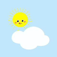 Cheerful cartoon sun on a cloud