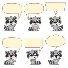 Collection of funny raccoon in cartoon style in different emotions with speech bubbles