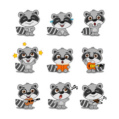 Set of little raccoon in cartoon style in different poses and with musical instruments isolated on white background