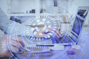 Businessman working on Laptop with technology theme drawing. Concept of big data. Double exposure.