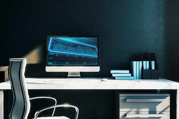 Desktop interior with computer, table and chair. Business drawing on screen. 3d rendering.