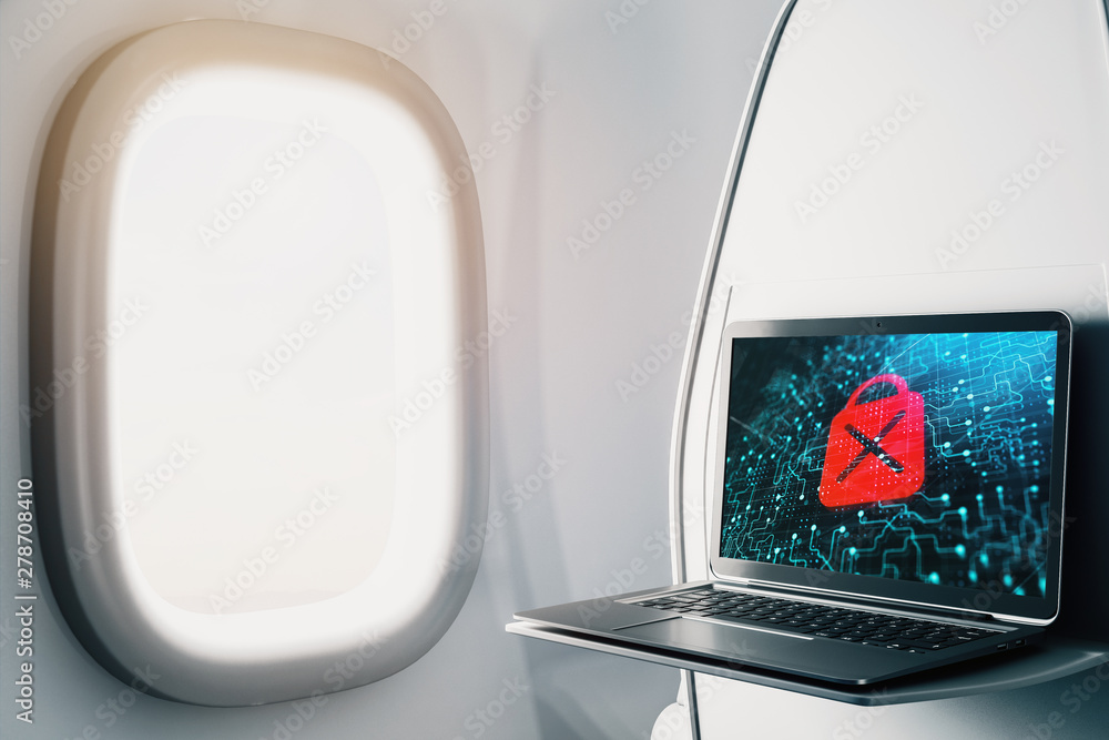 Poster laptop closeup inside airplane with lock icon on screen. data safety concept. 3d rendering.