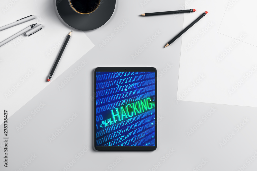 Poster digital tablet closeup with hacking theme drawing on screen. data safety concept. 3d rendering.