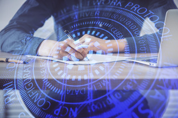 Writing human hands with tech theme multi exposure icons.
