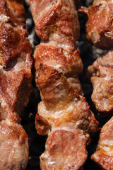 Appetizing juicy pork shish kebabs cooking on metal skewers on charcoal grill with fragrant smoke. Close-up view, selective focus on tasty pieces of roast meat. Cooking during summer picnic.
