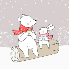 Draw bear and rabbit drink hot tea in snow.