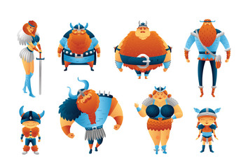 Fototapeta premium Vikings set of cartoon characters. Scandinavian men, women, children. Vector 